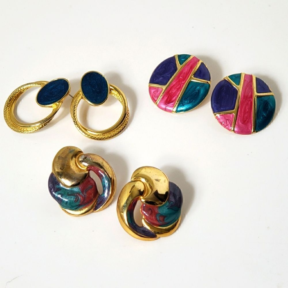 SET OF 3 Goldtone Enameled Pierced Earrings Don Lin